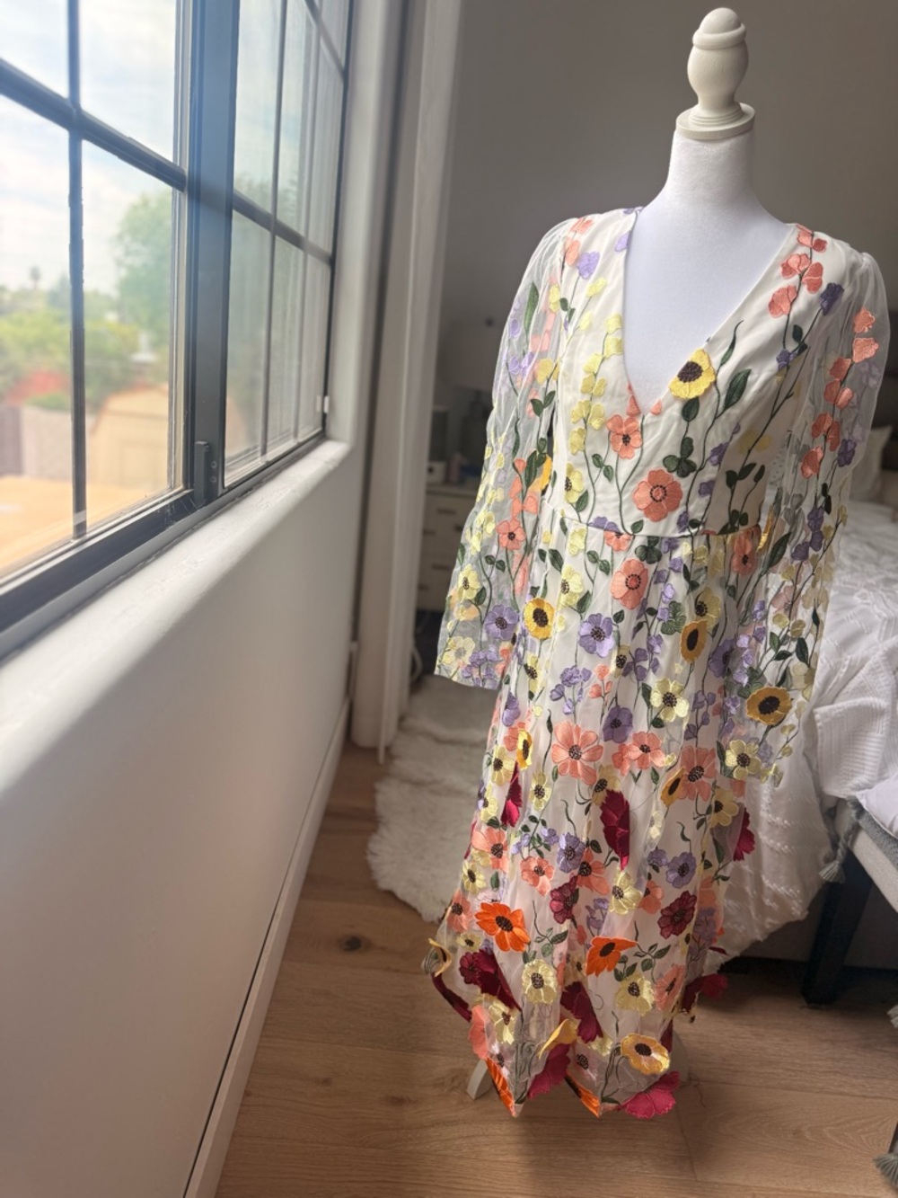 Lulu's White Sheer Dress with Multicolor Floral Embroidery